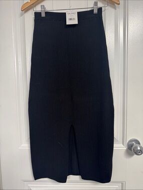 Free People Black Ribbed Midi Skirt with Front Slit